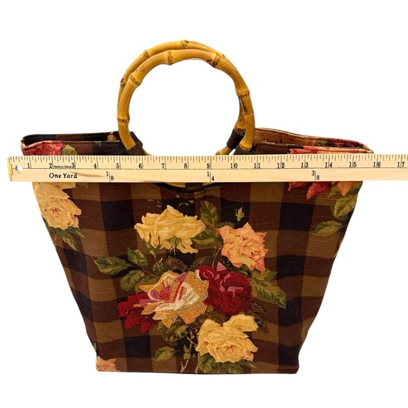 Cynthia Hart Los Angeles Floral Plaid Tote Bag Purse Bamboo Handles Gold Brown - Picture 7 of 14
